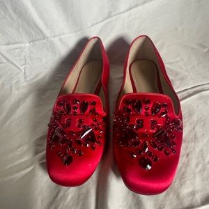 Tory Burch Delphine satin loafers with crystals and metal Tory Burch badge.